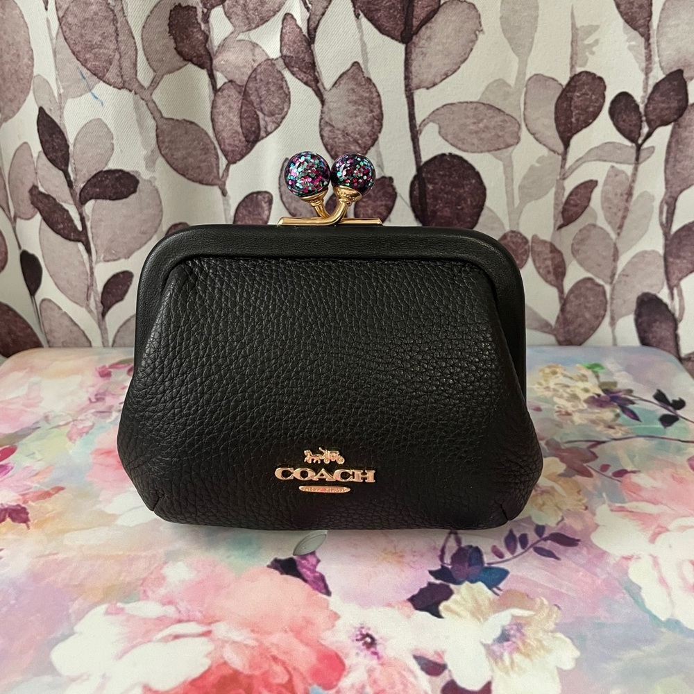 Coach Black Leather Kiss-Lock Coin Wallet with Glitter Kiss - Picture 2 of 4